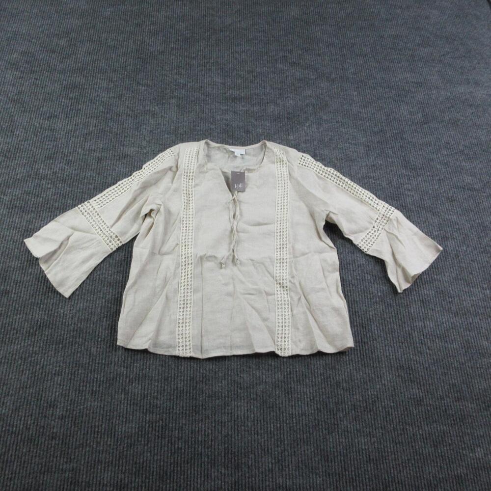 J.Jill Blouse Womens S Petite Beige Linen Tunic Crochet Bell Sleeve Tie NWT
